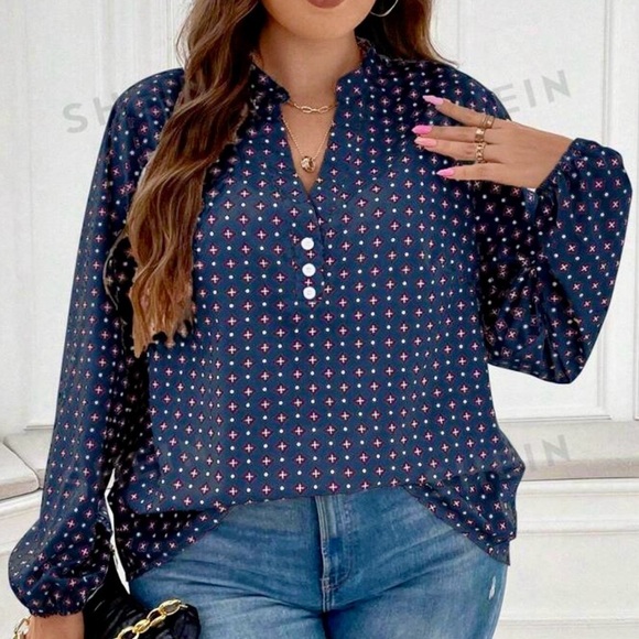 NWOT SHEIN Curve 4XL Navy Geometric Button Front Blouse - Picture 5 of 8